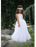 White Lace Tulle Flower Girl Dress With Rhinestone Sash